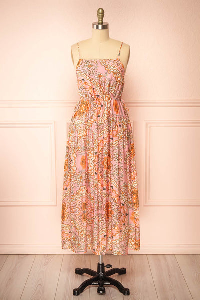 Wydowna Pink Midi Dress w/ Floral Motif | Boutique 1861 front view