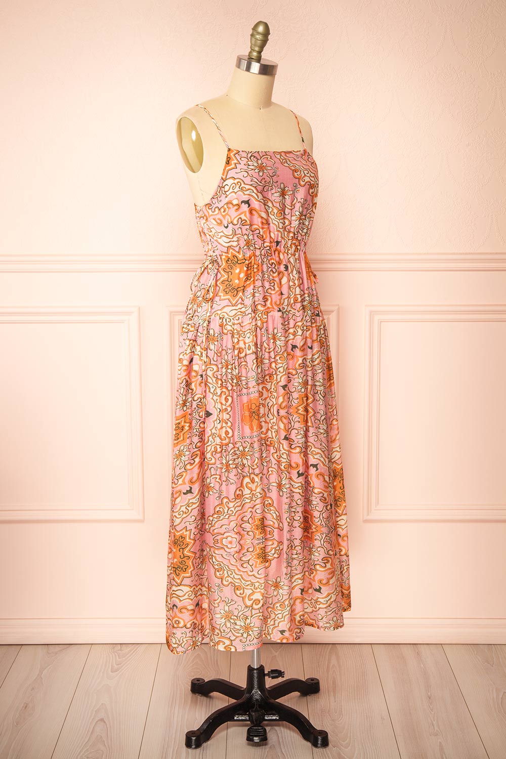 Wydowna Pink Midi Dress w/ Floral Motif | Boutique 1861 side view 