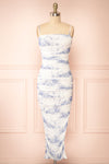 Yalina Fitted Ruched Midi Dress w/ Vintage Motif | Boutique 1861 front view