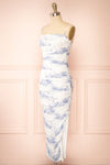 Yalina Fitted Ruched Midi Dress w/ Vintage Motif | Boutique 1861 side view