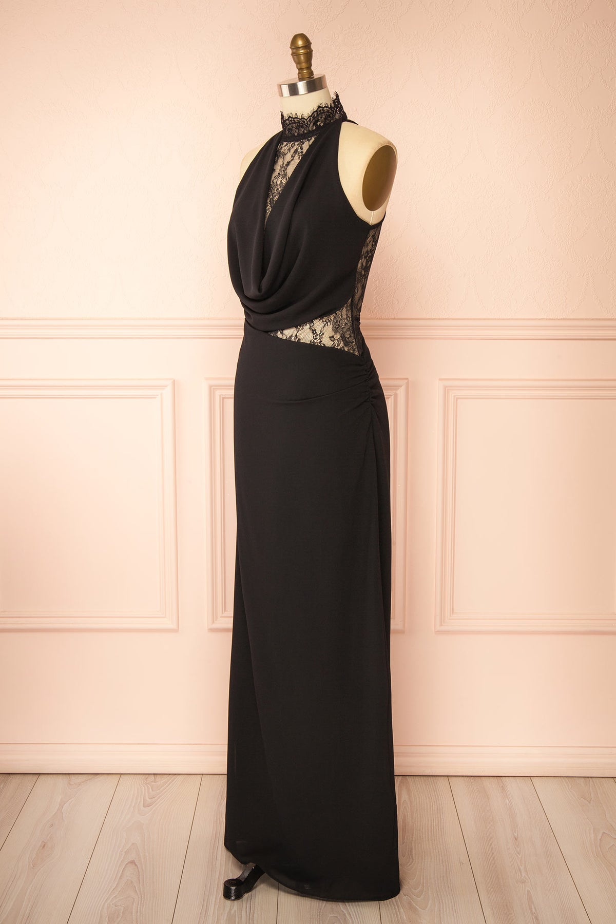 Side view of Yandaya Satin and Lace Black Maxi Dress at Boutique 1861 