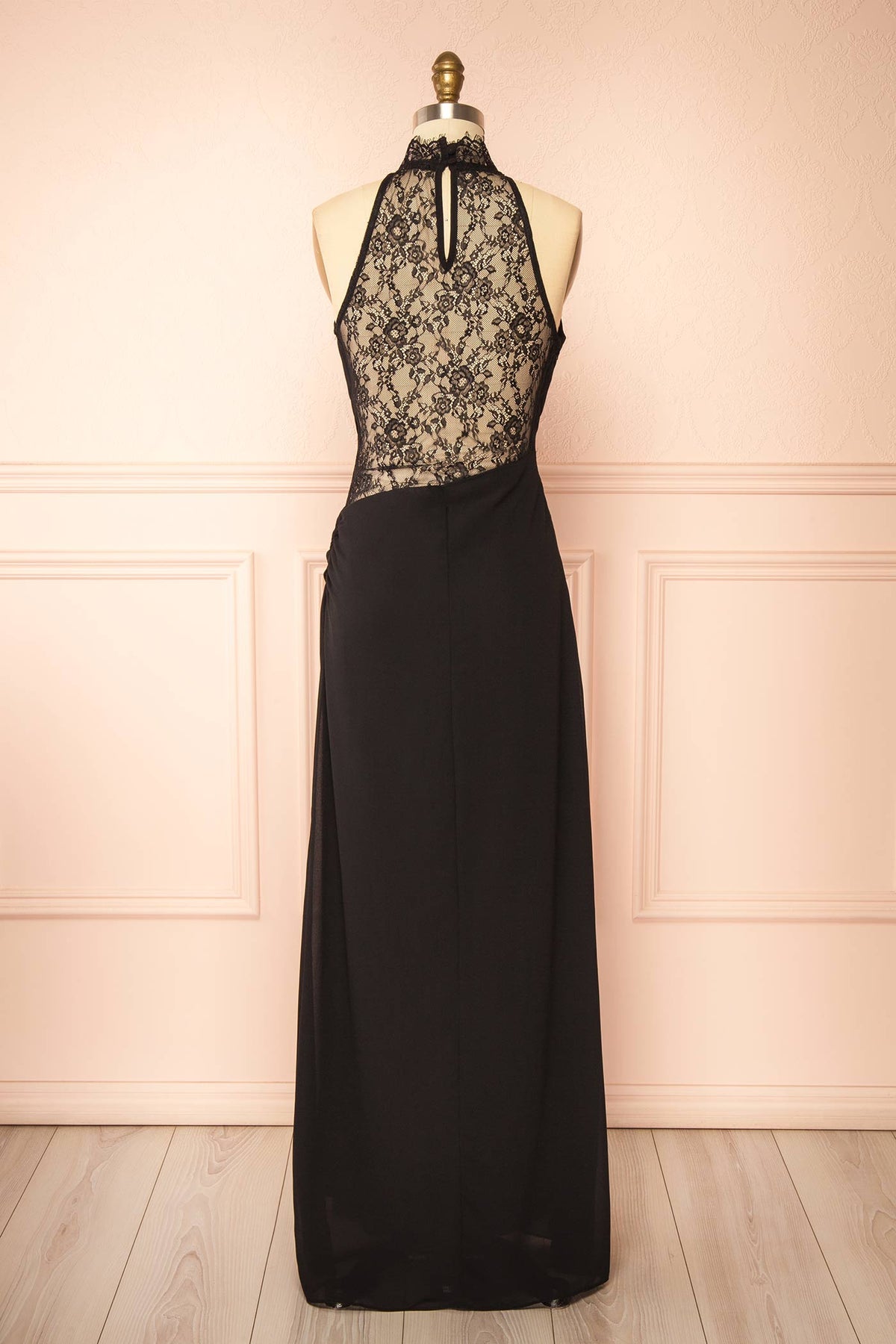 Back view of Yandaya Satin and Lace Black Maxi Dress at Boutique 1861 