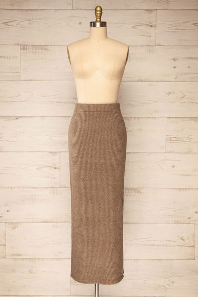 Yarrowford Taupe Long Ribbed Knit Skirt | La petite garçonne front view