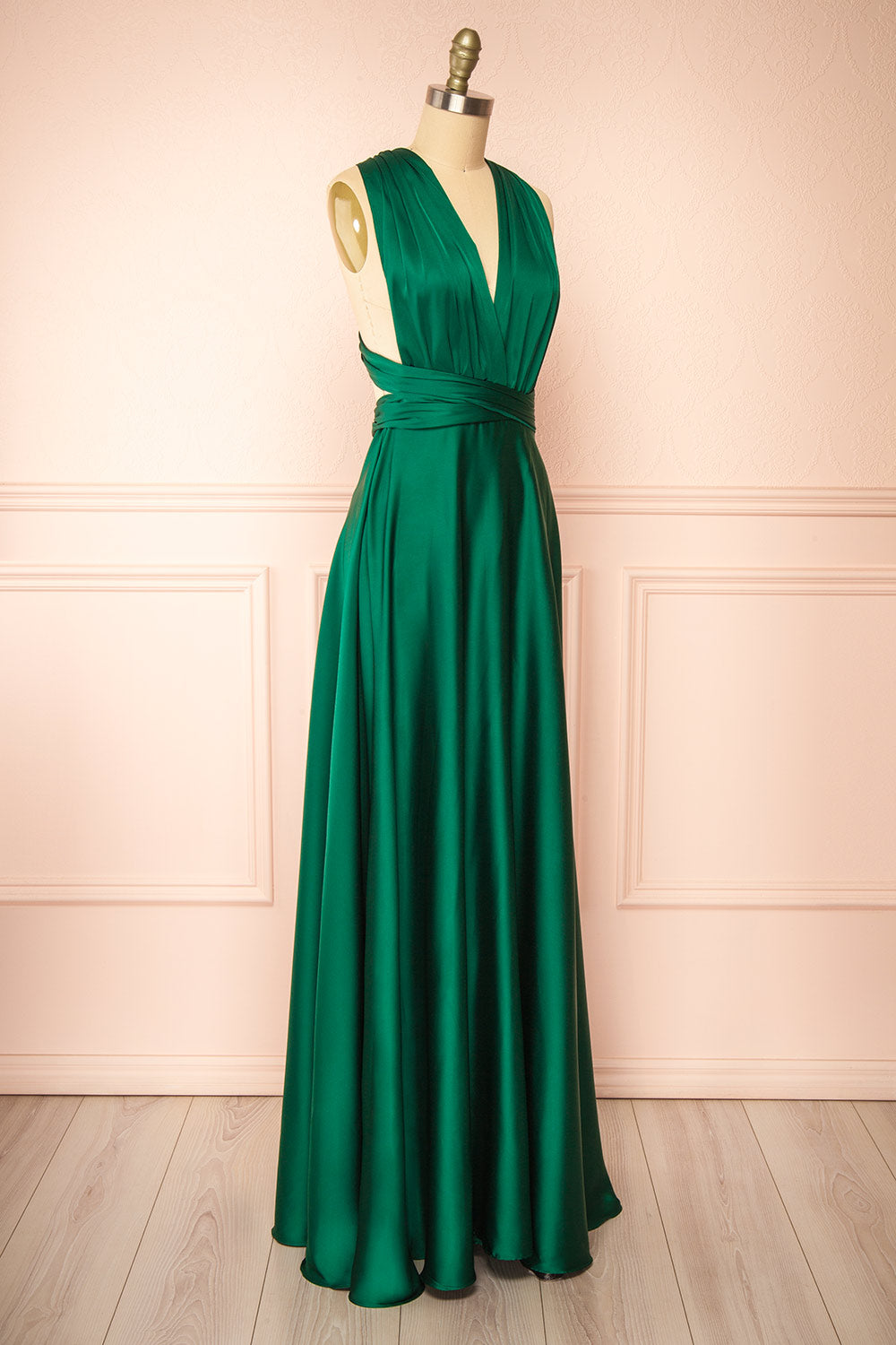 Yayabei Green Satin Convertible Maxi Dress | Boutique 1861 side view