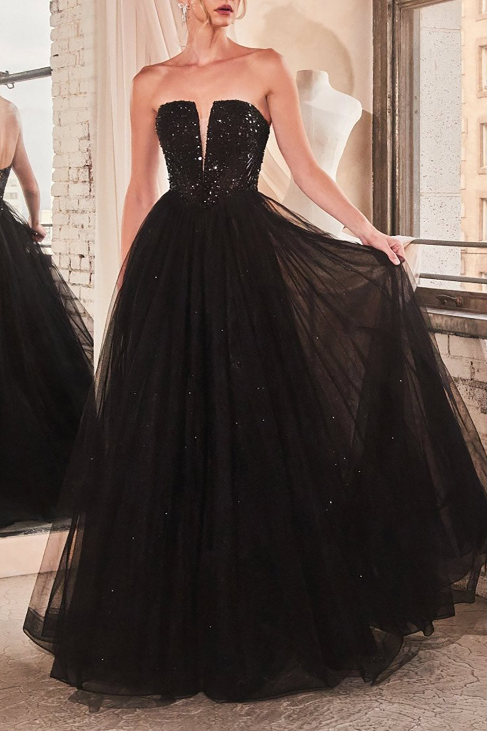 Yeji Black Sparkly Maxi Dress w/ Embroidered Bodice | Boutique 1861 model