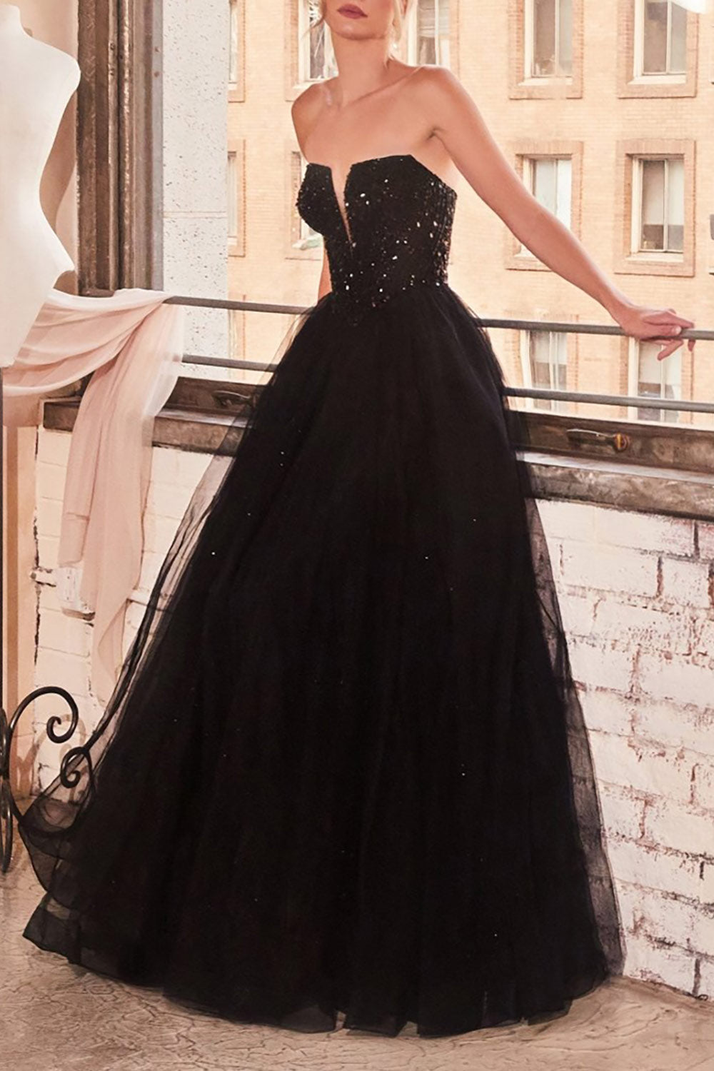 Yeji Black Sparkly Maxi Dress w/ Embroidered Bodice | Boutique 1861 on model