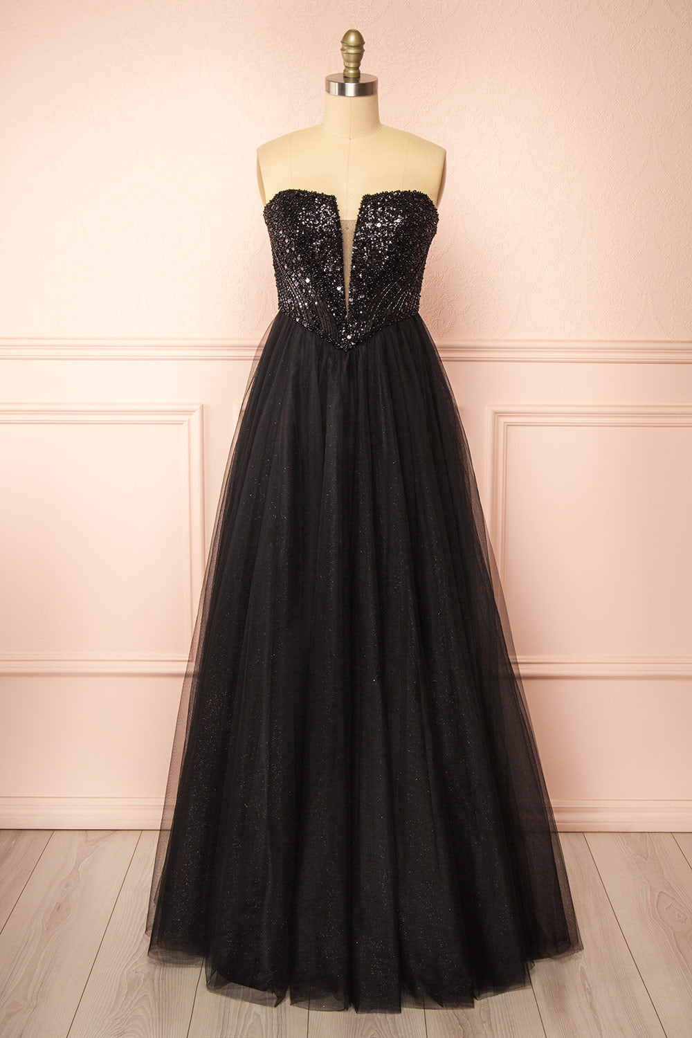 Yeji Black Sparkly Maxi Dress w/ Embroidered Bodice | Boutique 1861 front view