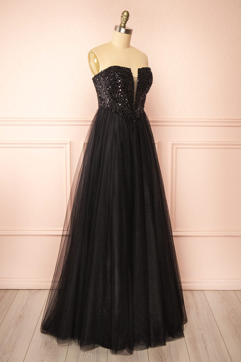 Yeji Black Sparkly Maxi Dress w/ Embroidered Bodice | Boutique 1861 side view