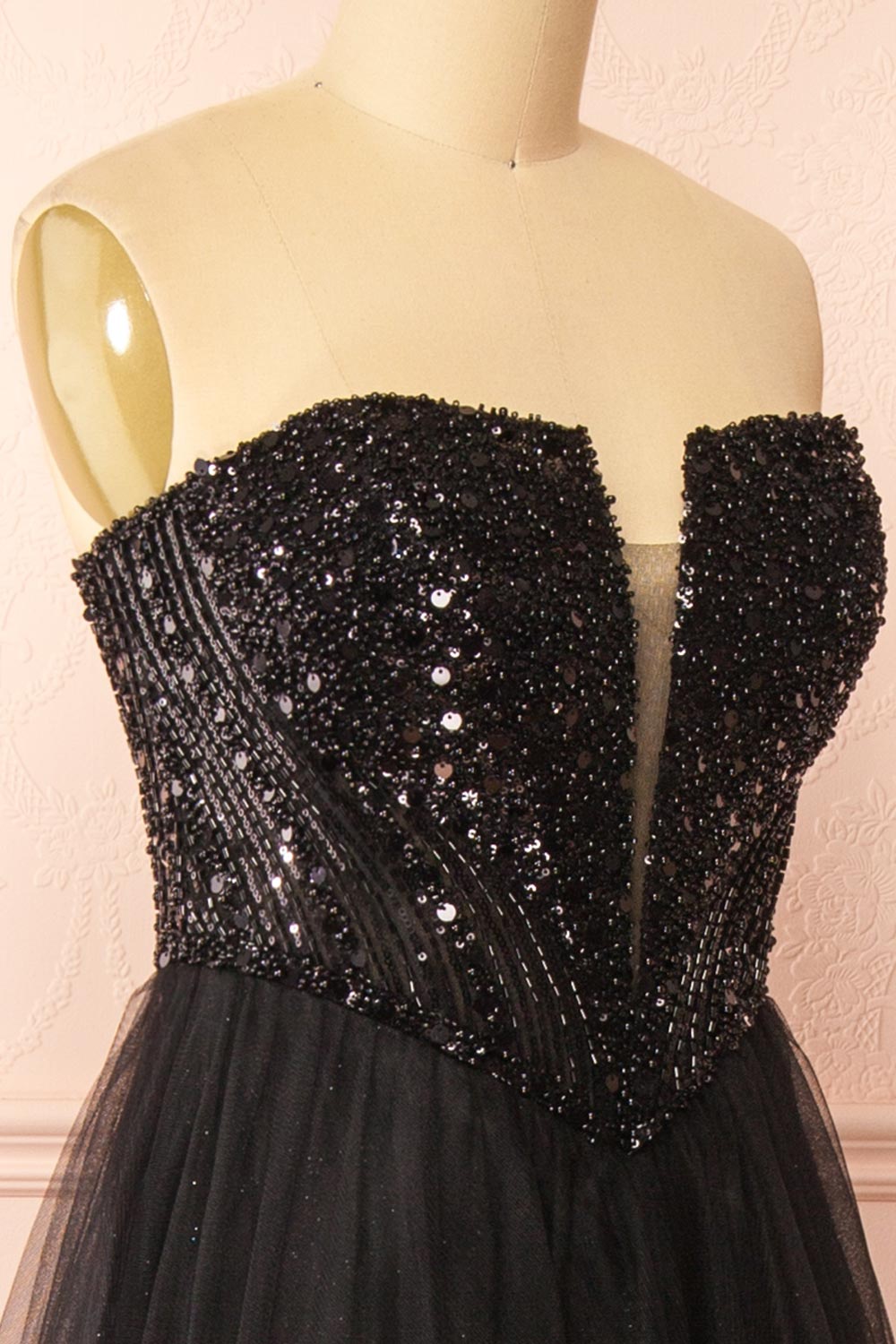 Yeji Black Sparkly Maxi Dress w/ Embroidered Bodice | Boutique 1861 side