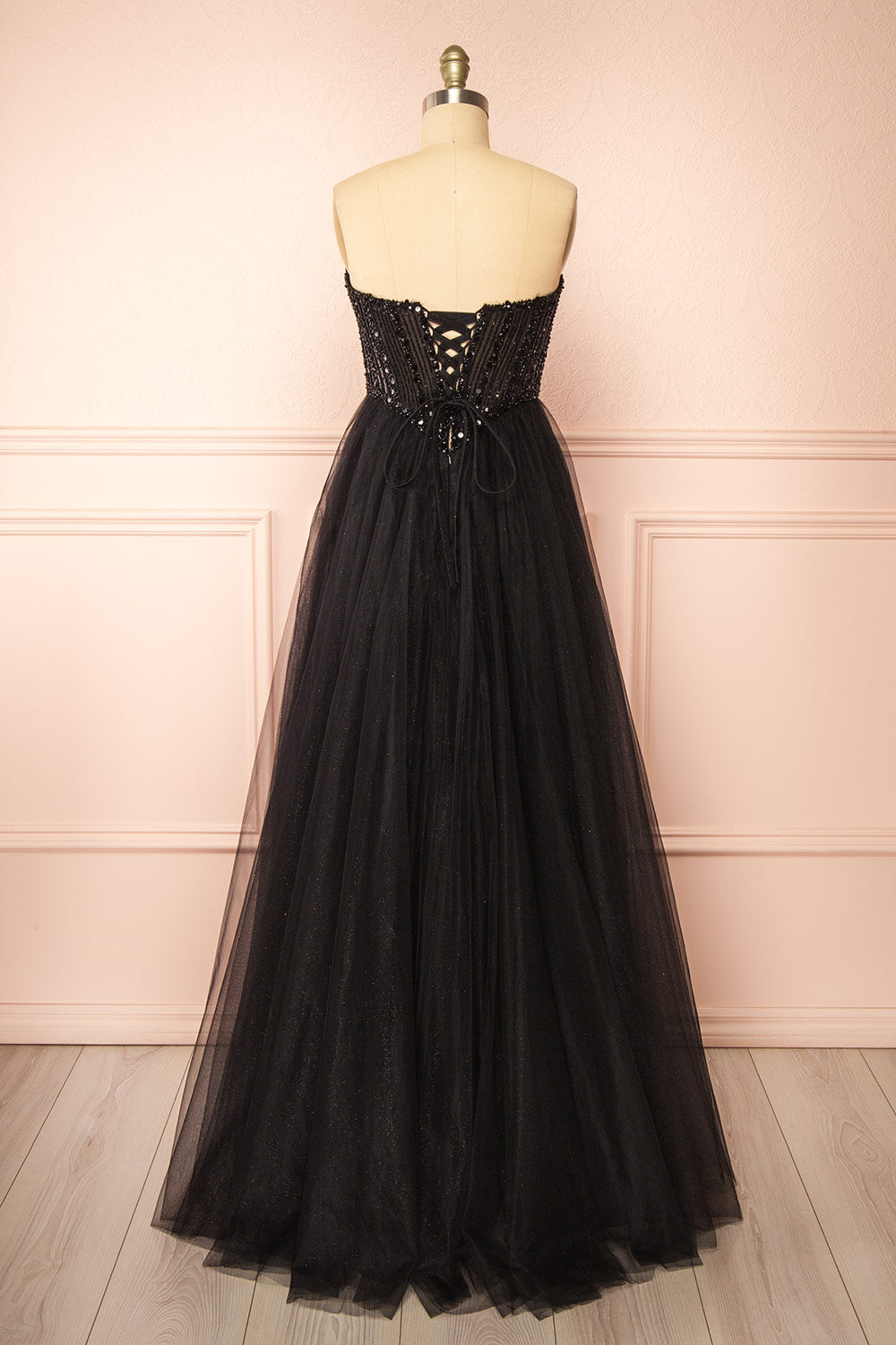 Yeji Black Sparkly Maxi Dress w/ Embroidered Bodice | Boutique 1861 back view