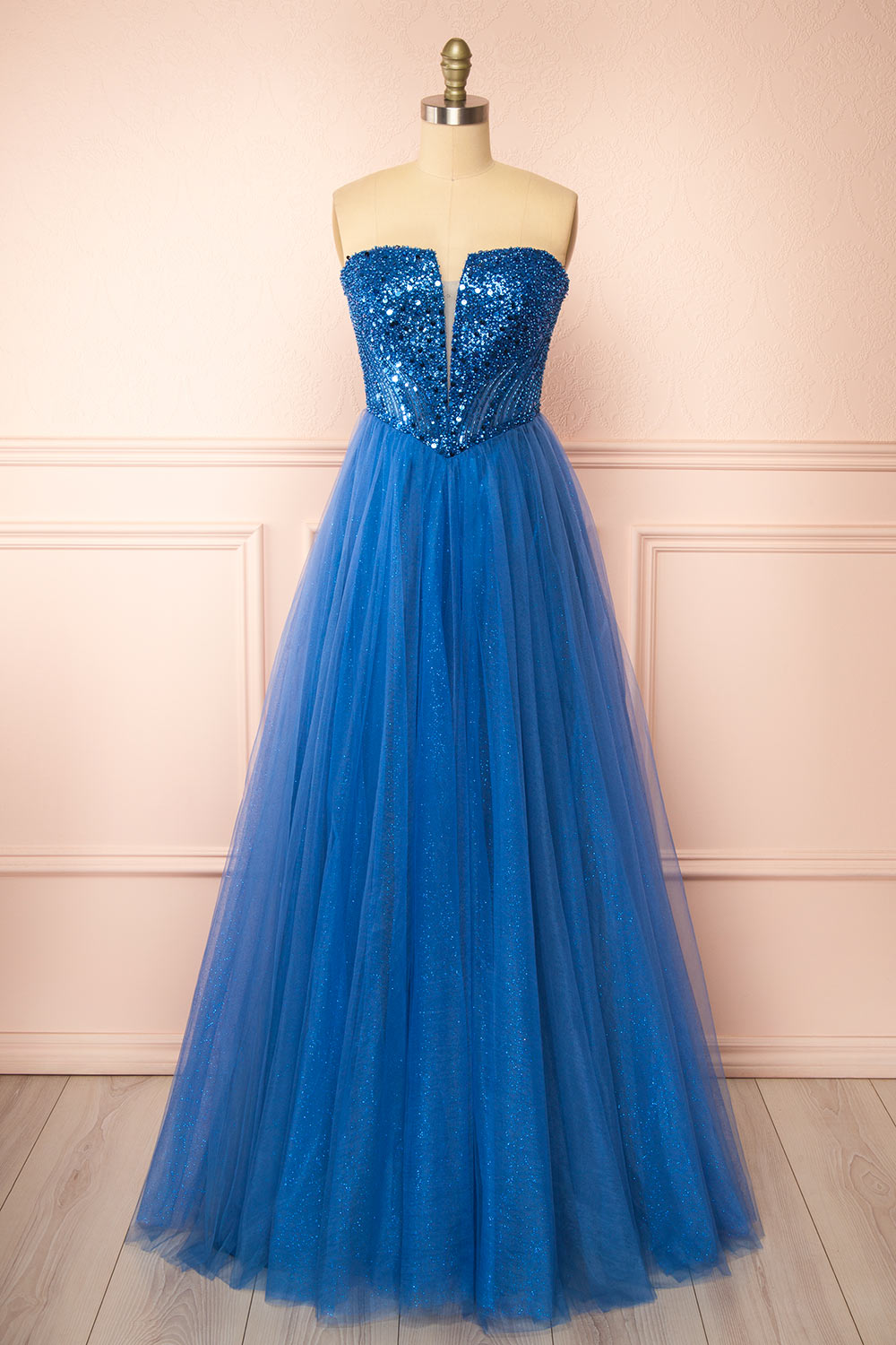 Yeji Blue Sparkly Maxi Dress w/ Embroidered Bodice | Boutique 1861 front view