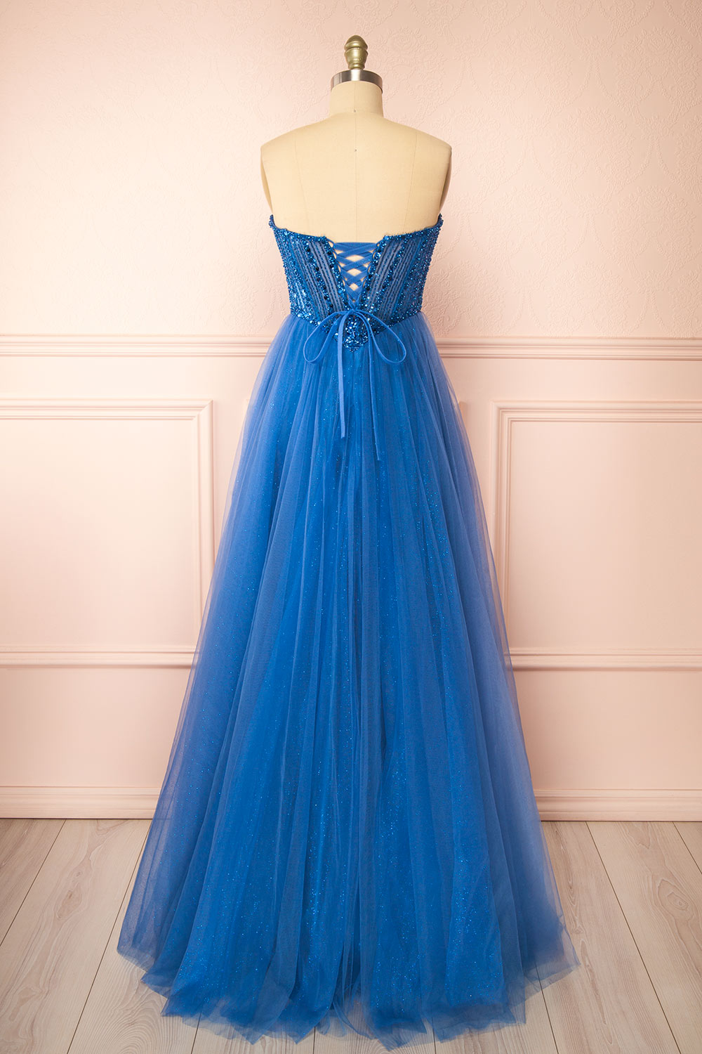 Yeji Blue Sparkly Maxi Dress w/ Embroidered Bodice | Boutique 1861 back view