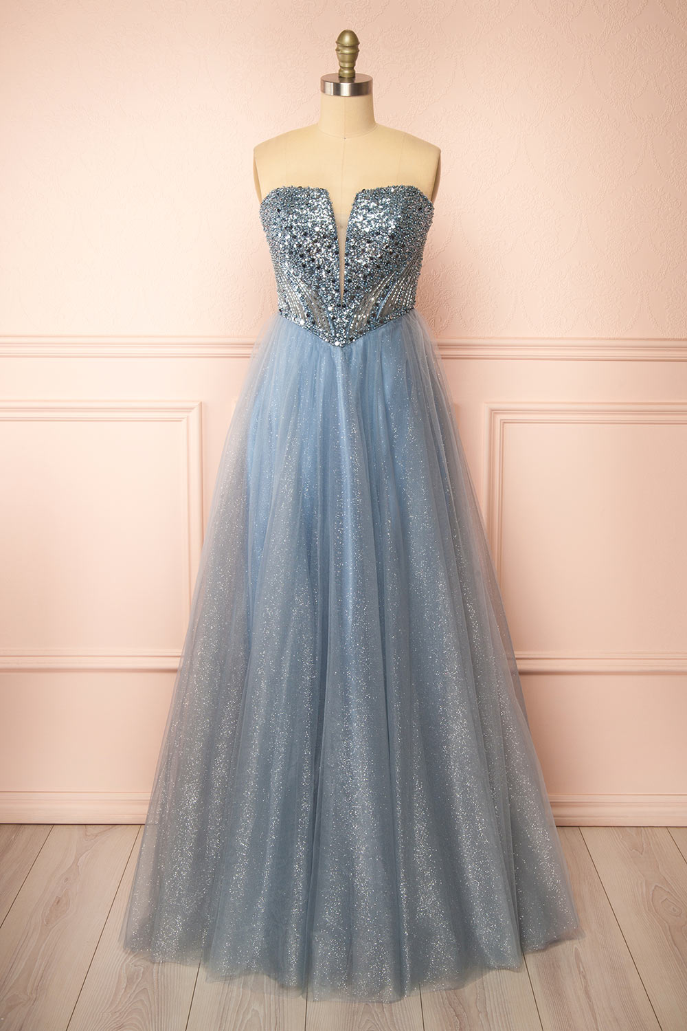 Yeji Blue Grey Sparkly Maxi Dress w/ Embroidery | Boutique 1861 front view