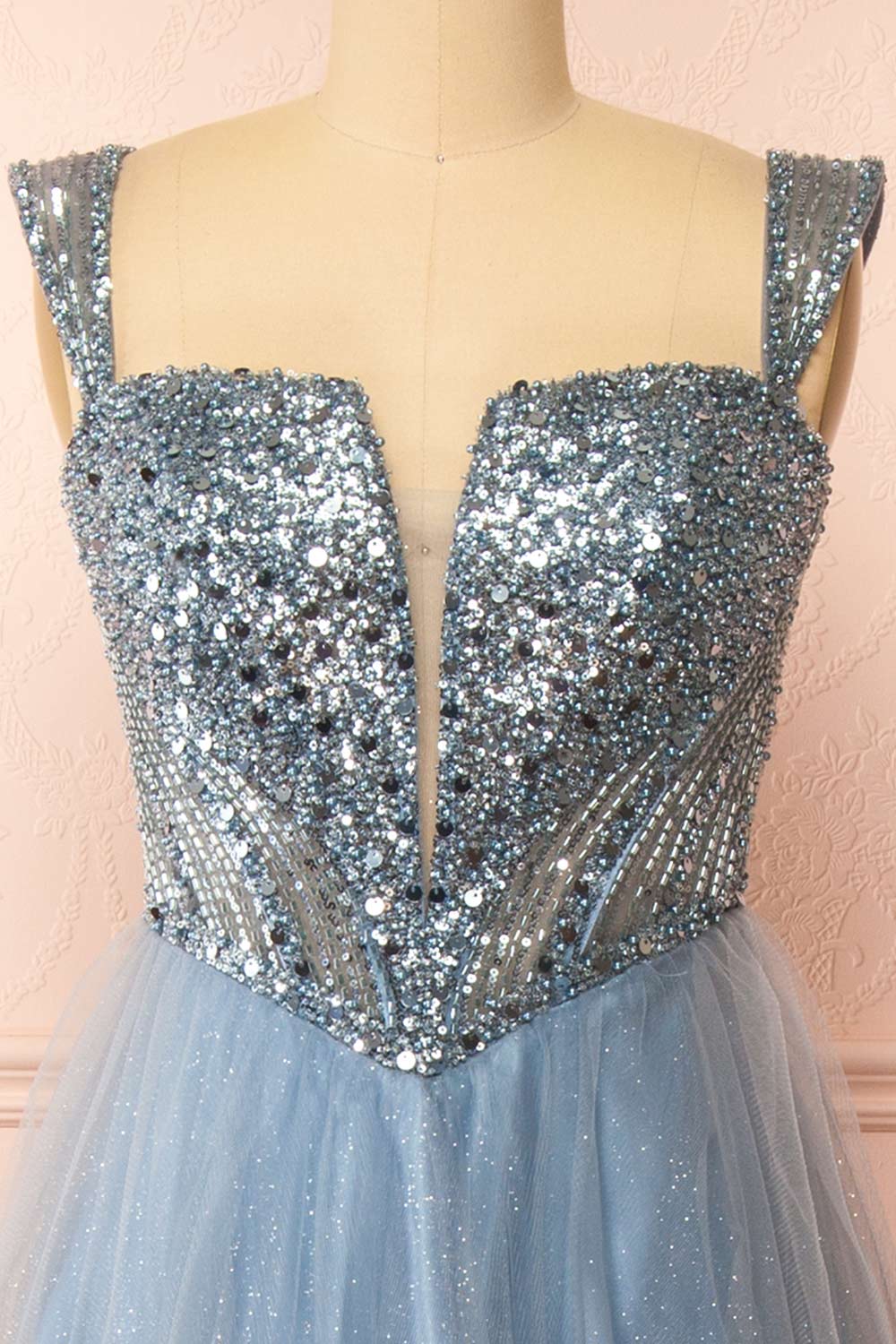 Yeji Blue Grey Sparkly Maxi Dress w/ Embroidery | Boutique 1861