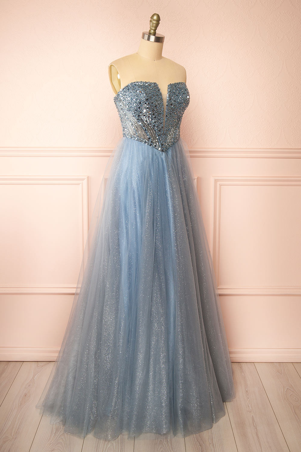 Yeji Blue Grey Sparkly Maxi Dress w/ Embroidery | Boutique 1861 side view