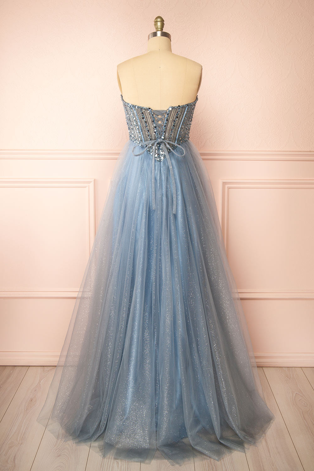 Yeji Blue Grey Sparkly Maxi Dress w/ Embroidery | Boutique 1861 back view