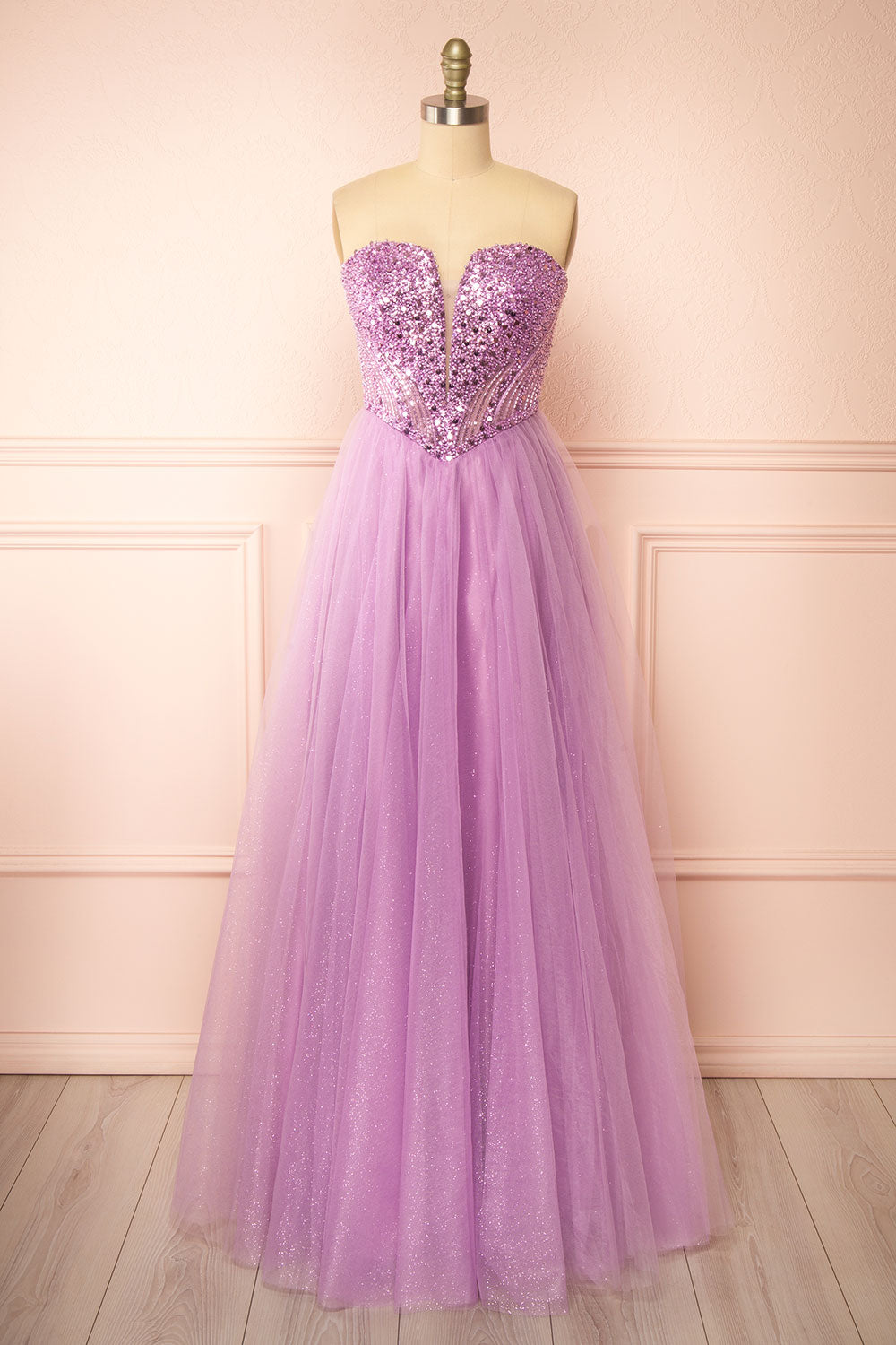 Yeji Lavender Sparkly Maxi Dress w/ Embroidered Bodice | Boutique 1861 front view