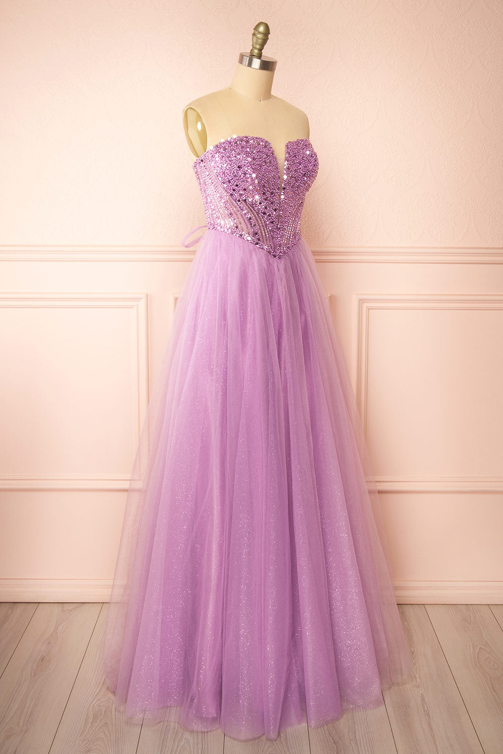 Yeji Lavender Sparkly Maxi Dress w/ Embroidered Bodice | Boutique 1861 side view