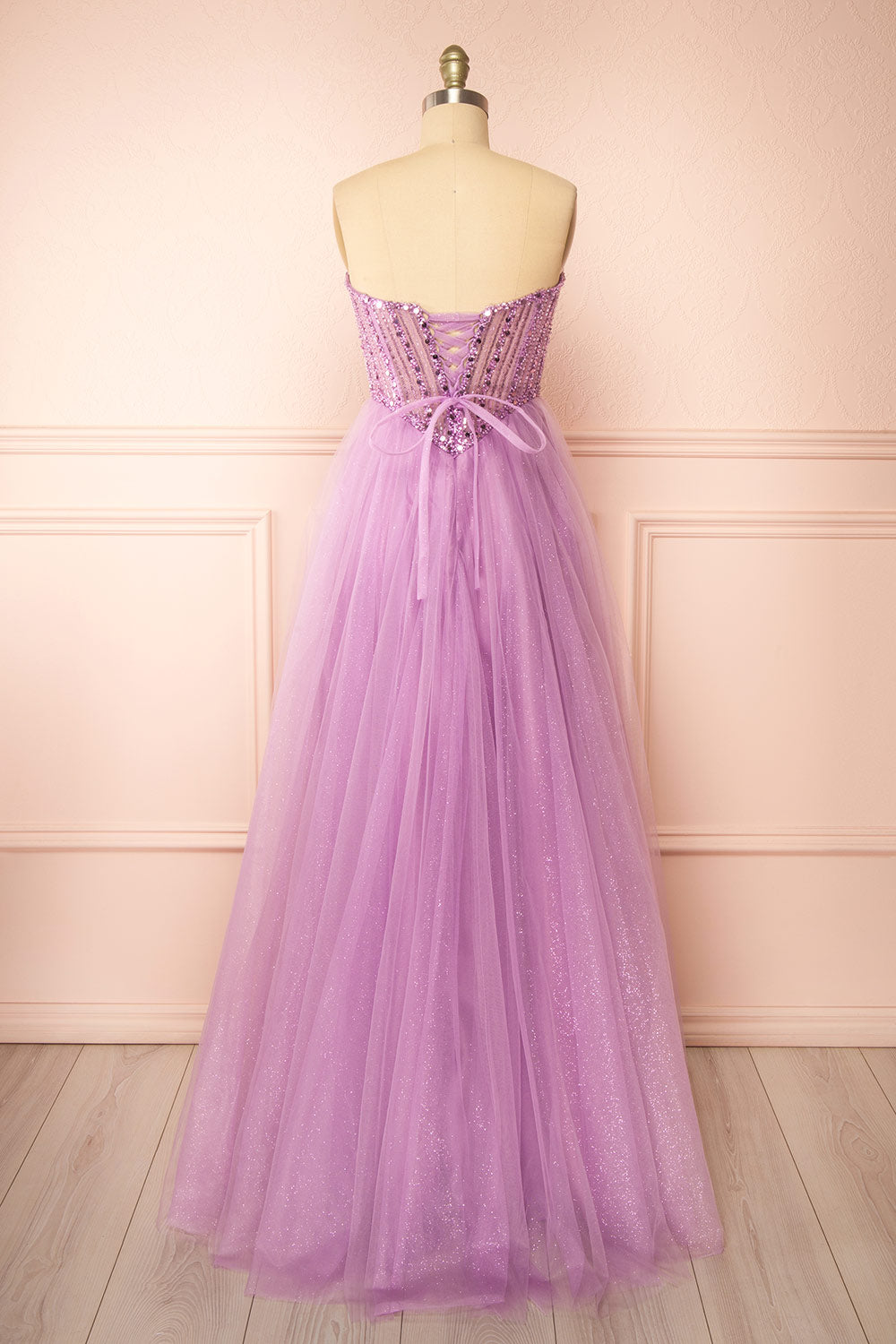 Yeji Lavender Sparkly Maxi Dress w/ Embroidered Bodice | Boutique 1861 back view