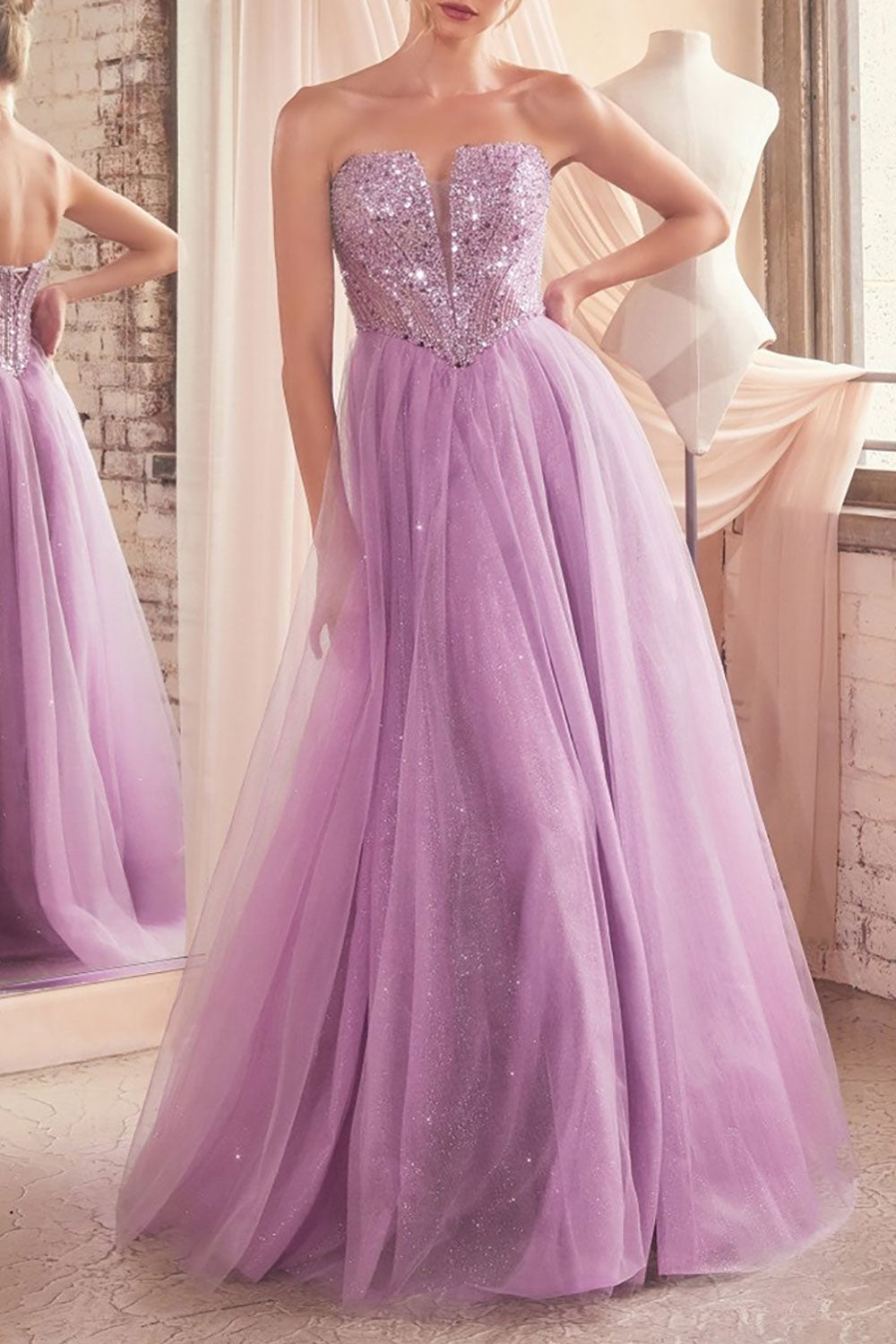 Yeji Lavender Sparkly Maxi Dress w/ Embroidered Bodice | Boutique 1861 on model