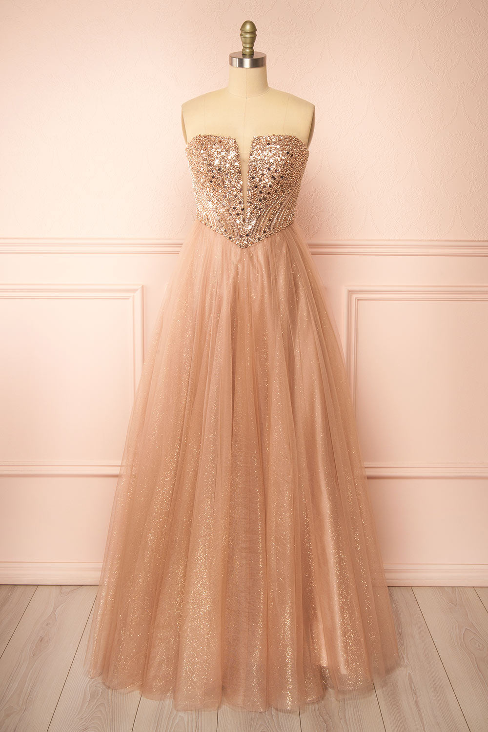 Yeji Taupe Sparkly Maxi Dress w/ Embroidered Bodice | Boutique 1861 front view