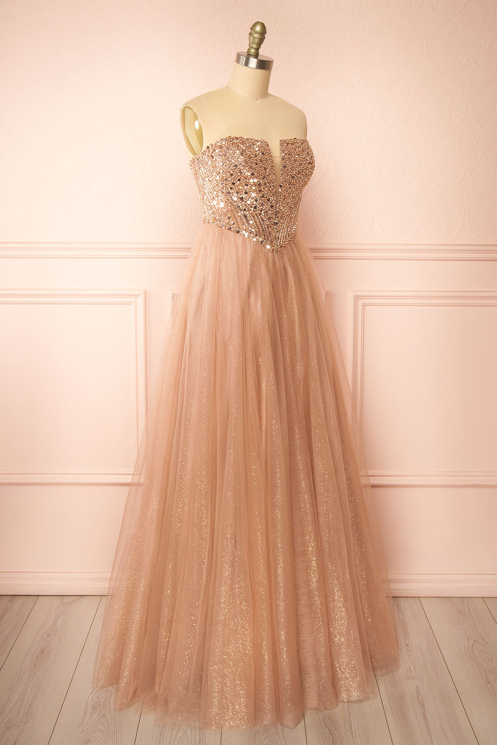 Yeji Taupe Sparkly Maxi Dress w/ Embroidered Bodice | Boutique 1861 side view