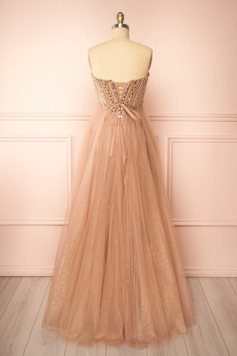 Yeji Taupe Sparkly Maxi Dress w/ Embroidered Bodice | Boutique 1861 back view