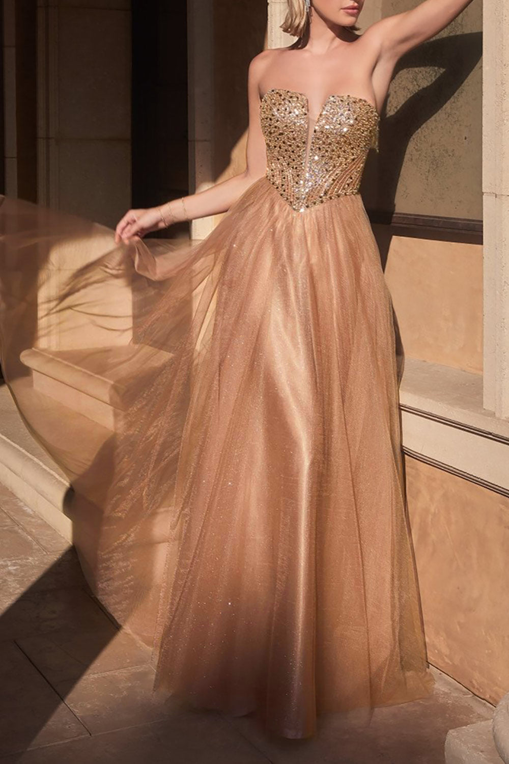 Yeji Taupe Sparkly Maxi Dress w/ Embroidered Bodice | Boutique 1861