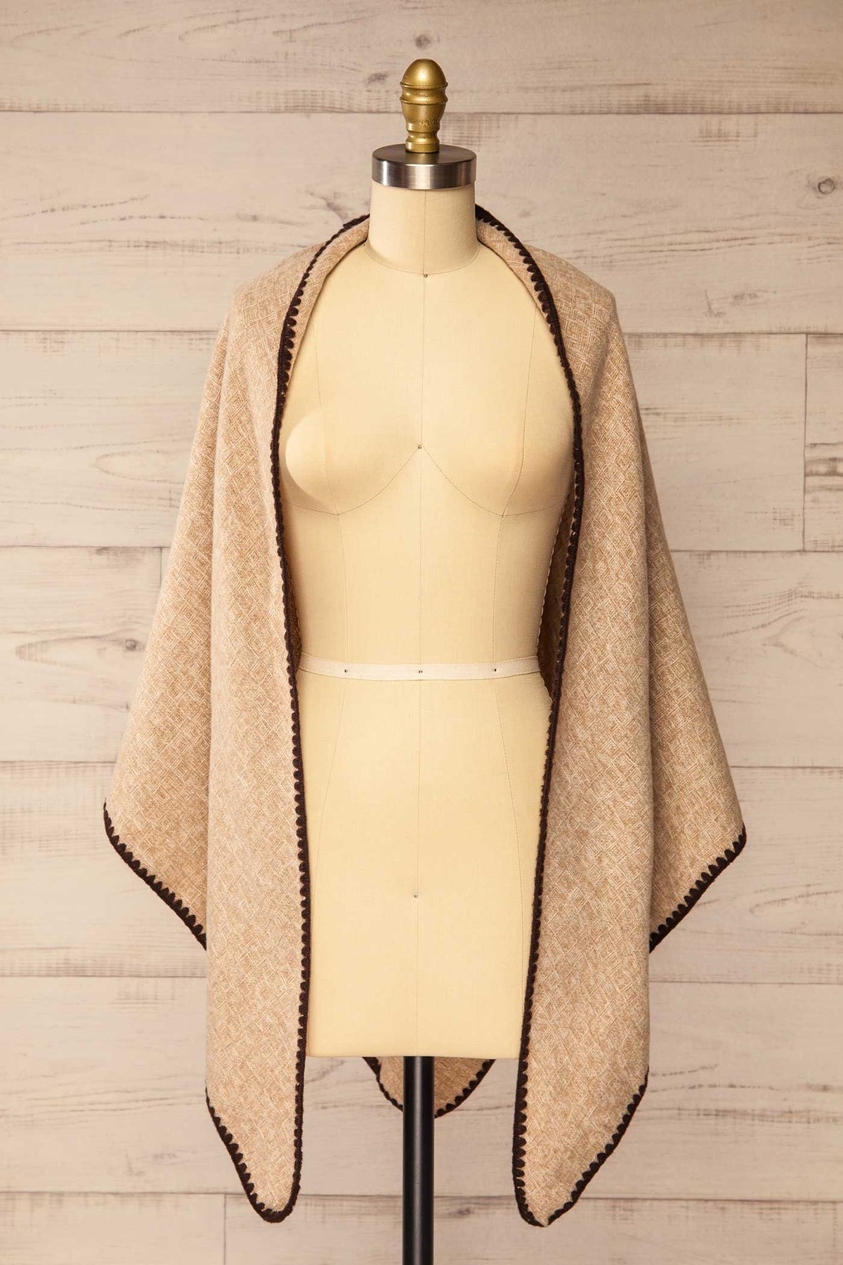 shawl front view of Yelka Beige Triangle Soft Shawl with Contrast Stitch at La petite garçonne