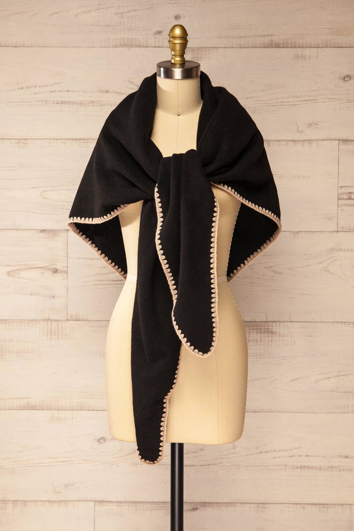 front view of Yelka Black Triangle Soft Shawl with Contrast Stitch at La petite garçonne