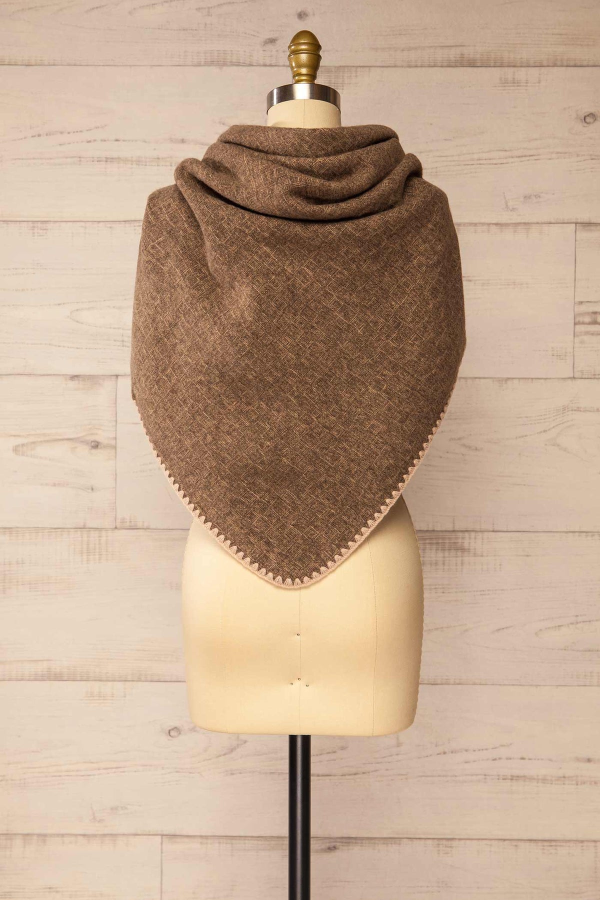 back view of Yelka Brown Triangle Soft Shawl with Contrast Stitch at La petite garçonne