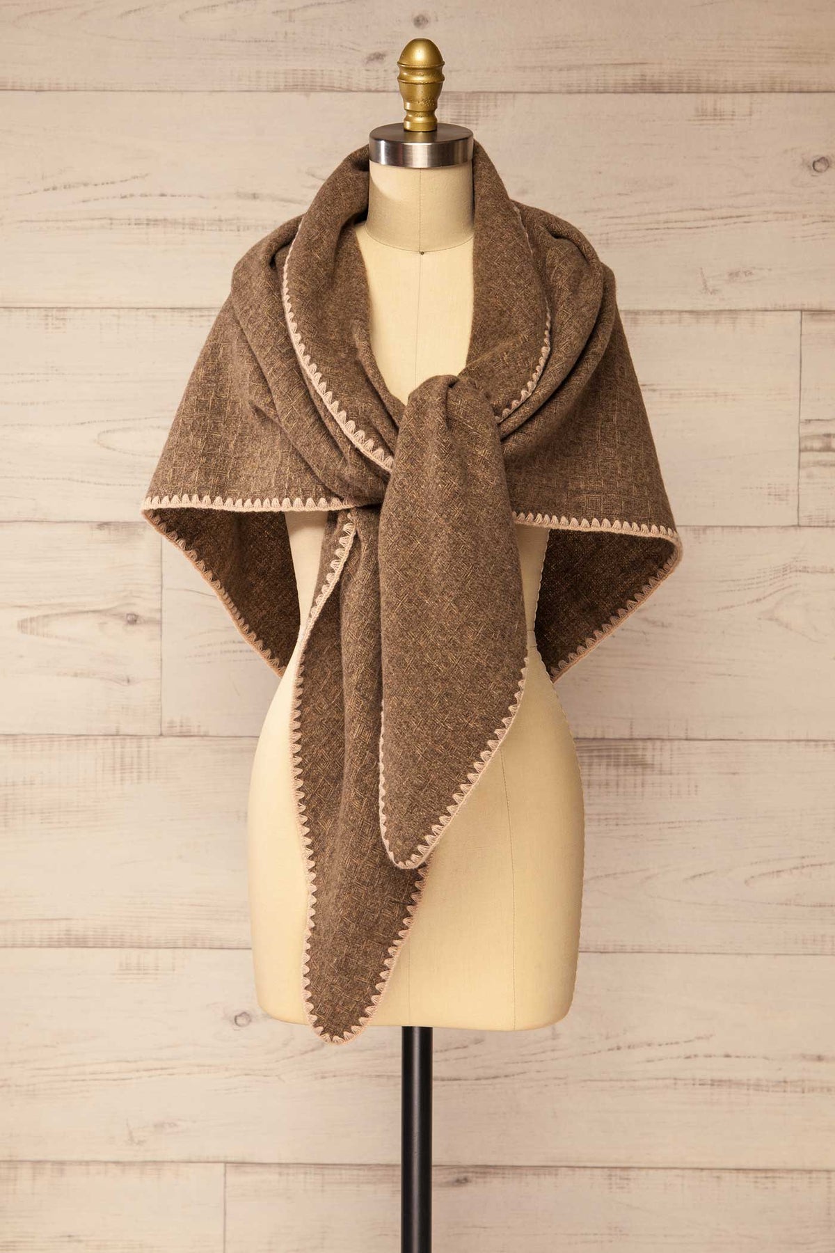 front view of Yelka Brown Triangle Soft Shawl with Contrast Stitch at La petite garçonne