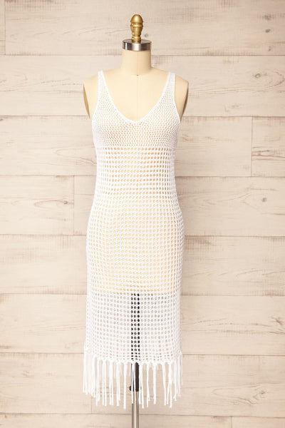 Yeri White Crochet Midi Dress w/ Fringes | La petite garçonne front view