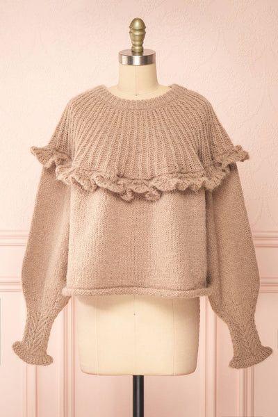 Yorleni Light-Brown Knit Sweater w/ Ruffles | Boutique 1861 front view