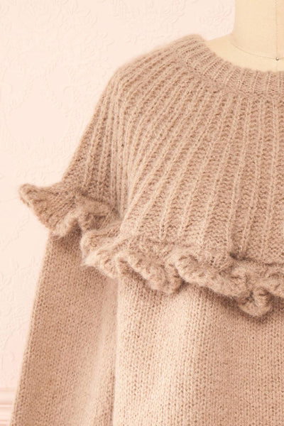 Yorleni Light-Brown Knit Sweater w/ Ruffles | Boutique 1861 front close-up