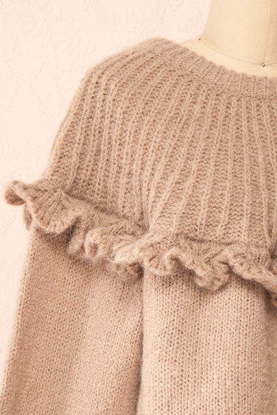 Yorleni Light-Brown Knit Sweater w/ Ruffles | Boutique 1861 side close-up