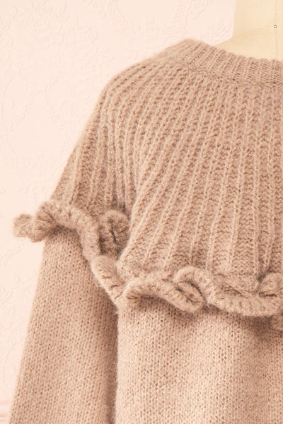 Yorleni Light-Brown Knit Sweater w/ Ruffles | Boutique 1861 back close-up