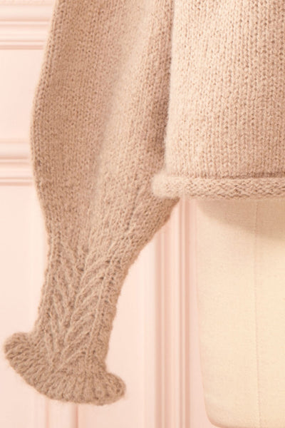 Yorleni Light-Brown Knit Sweater w/ Ruffles | Boutique 1861 sleeve