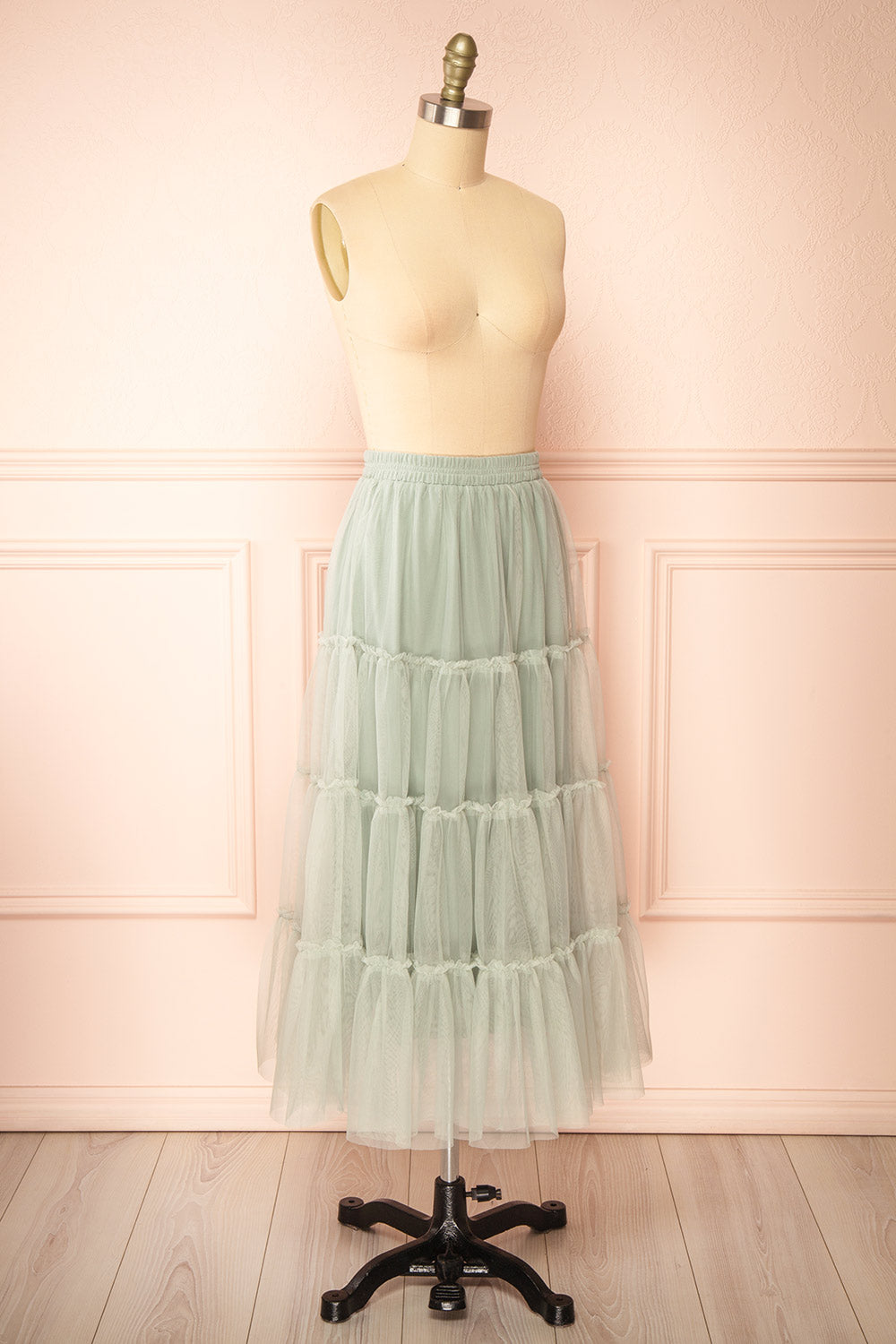 Yotsuba Sage Tiered Tulle Midi Skirt | Boutique 1861  side view