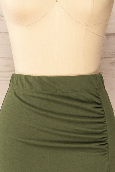 Yozgat Khaki Short Skirt w/ Asymmetrical Hem | La petite garçonne front close-up