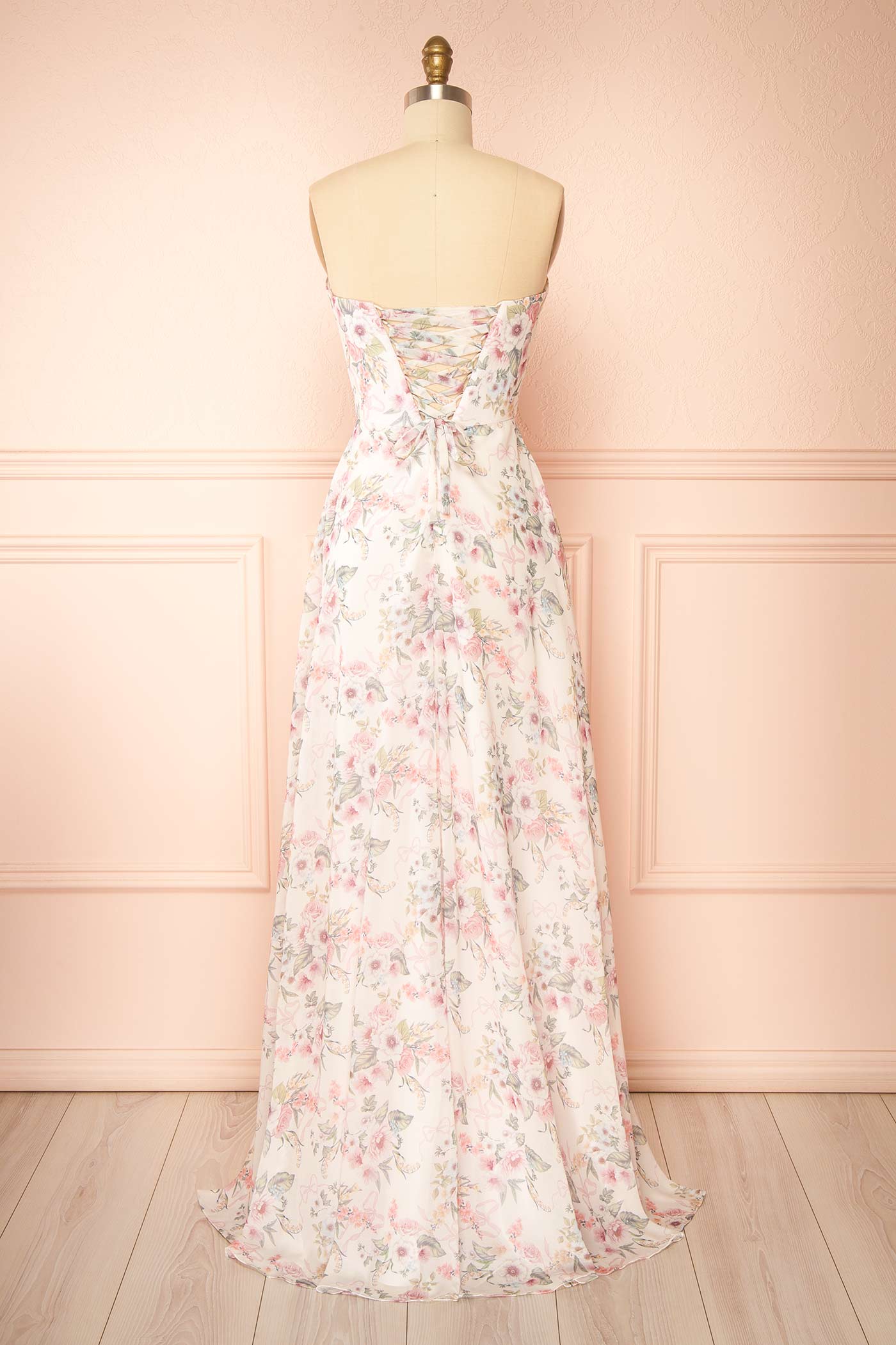 Yujun Pink Maxi Floral with Sweetheart Neckline and Scarf | Boutique 1861 back