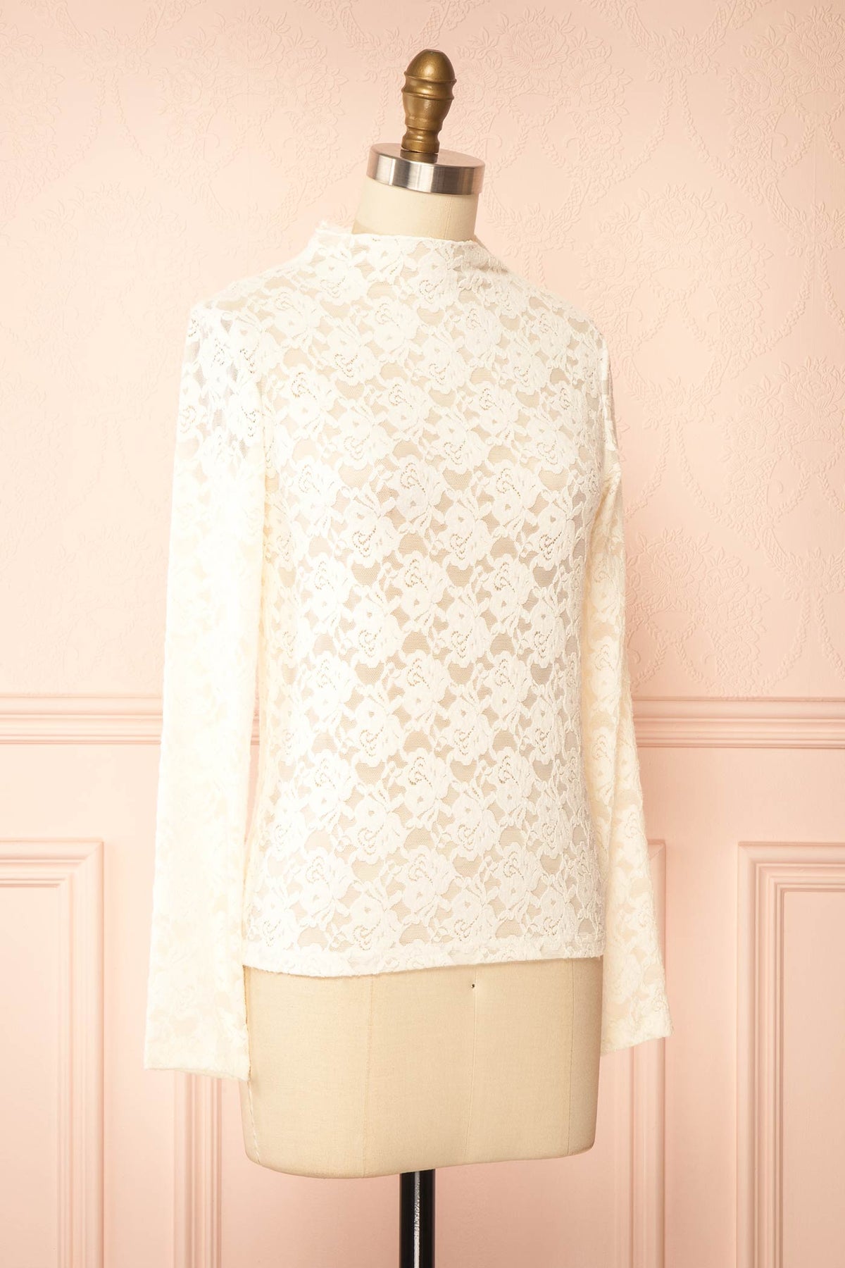 side view of Yumiri Ivory Floral Lace Long Sleeve Top at Boudoir 1861