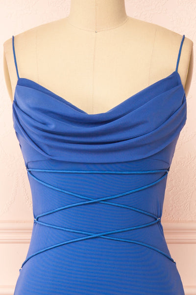 Yuqi Blue Maxi Dress w/ Lace-Up Details | Boutique 1861 front close-up