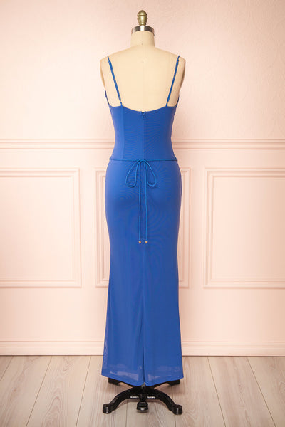 Yuqi Blue Maxi Dress w/ Lace-Up Details | Boutique 1861  back view