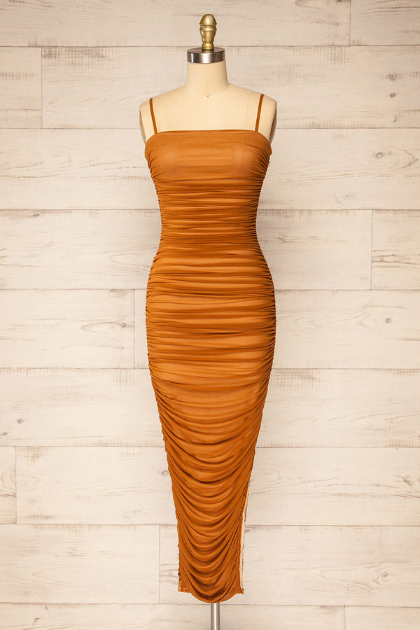 Yurtof Caramel Fitted Ruched Midi Dress