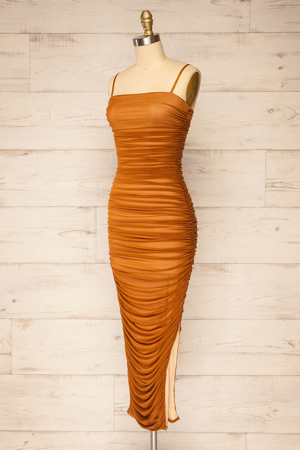 Yurtof Caramel Fitted Ruched Midi Dress