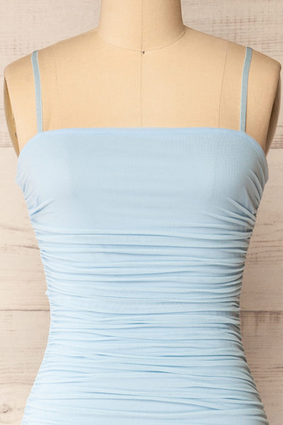 Yurtof Light Blue Fitted Ruched Midi Dress | La petite garçonne front close-up