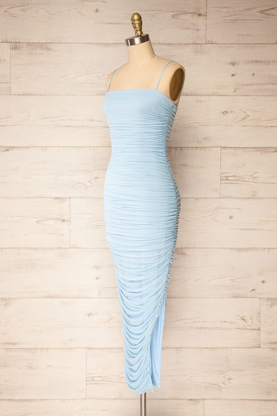 Yurtof Light Blue Fitted Ruched Midi Dress | La petite garçonne side view