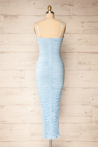 Yurtof Light Blue Fitted Ruched Midi Dress | La petite garçonne back view
