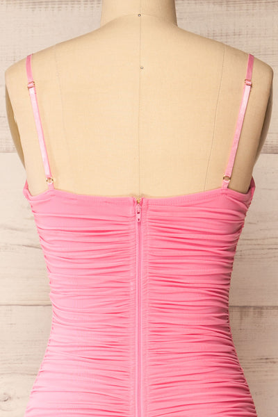 Yurtof Pink Fitted Ruched Midi Dress | La petite garçonne back close-up